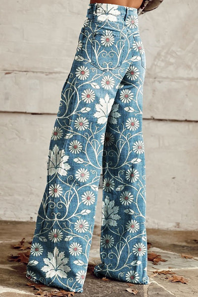 Elodie - Vintage Daisy Bloom Wide-Leg Pants