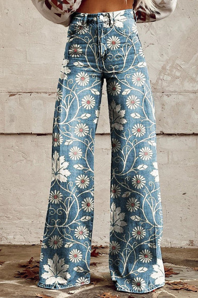 Elodie - Vintage Daisy Bloom Wide-Leg Pants