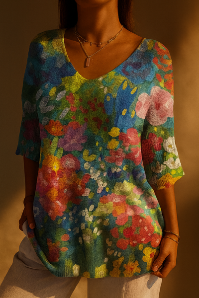 Women's Vintage Lovely Floral Art Print Casual Pullover Knit