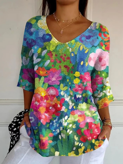 Women's Vintage Lovely Floral Art Print Casual Pullover Knit