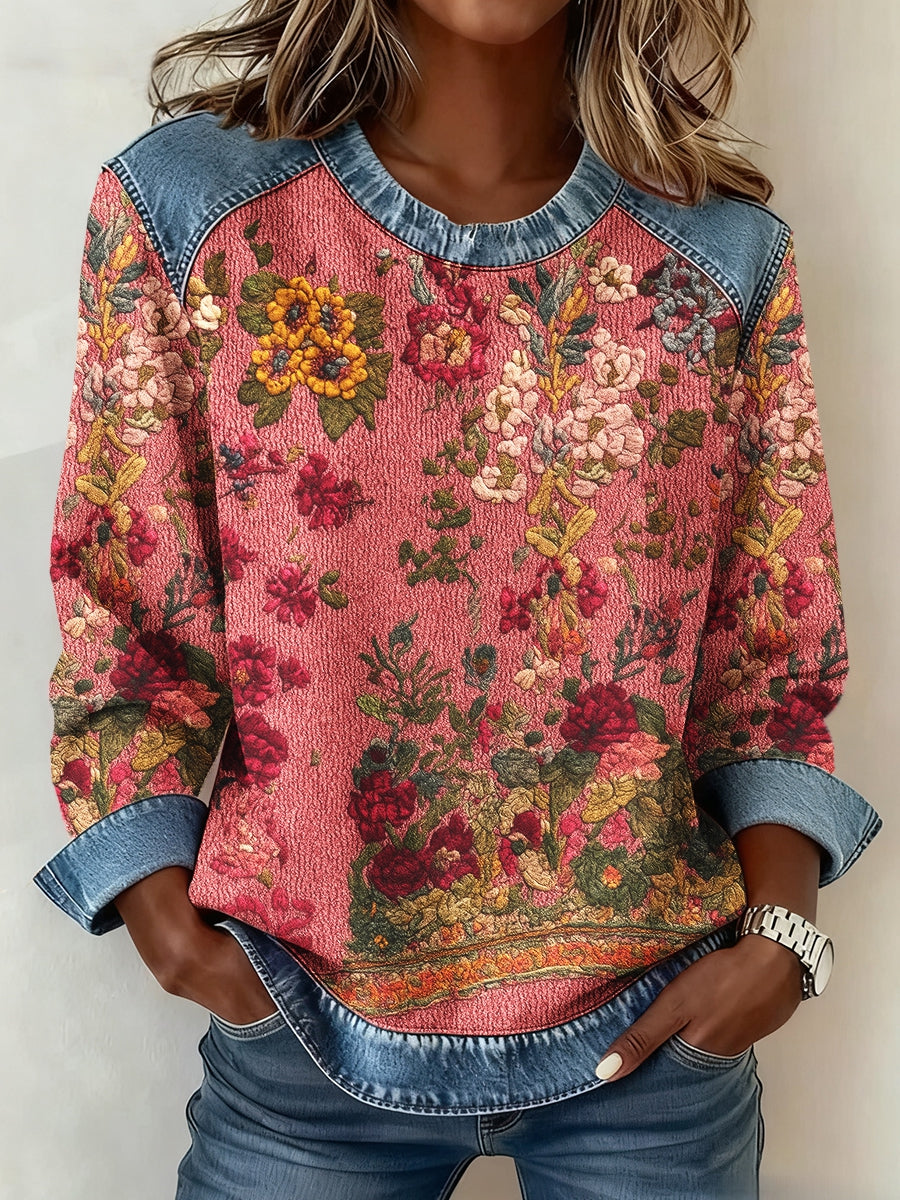 Women's Breast Cancer Awareness Floral 3D Print Denim Sweatshirt